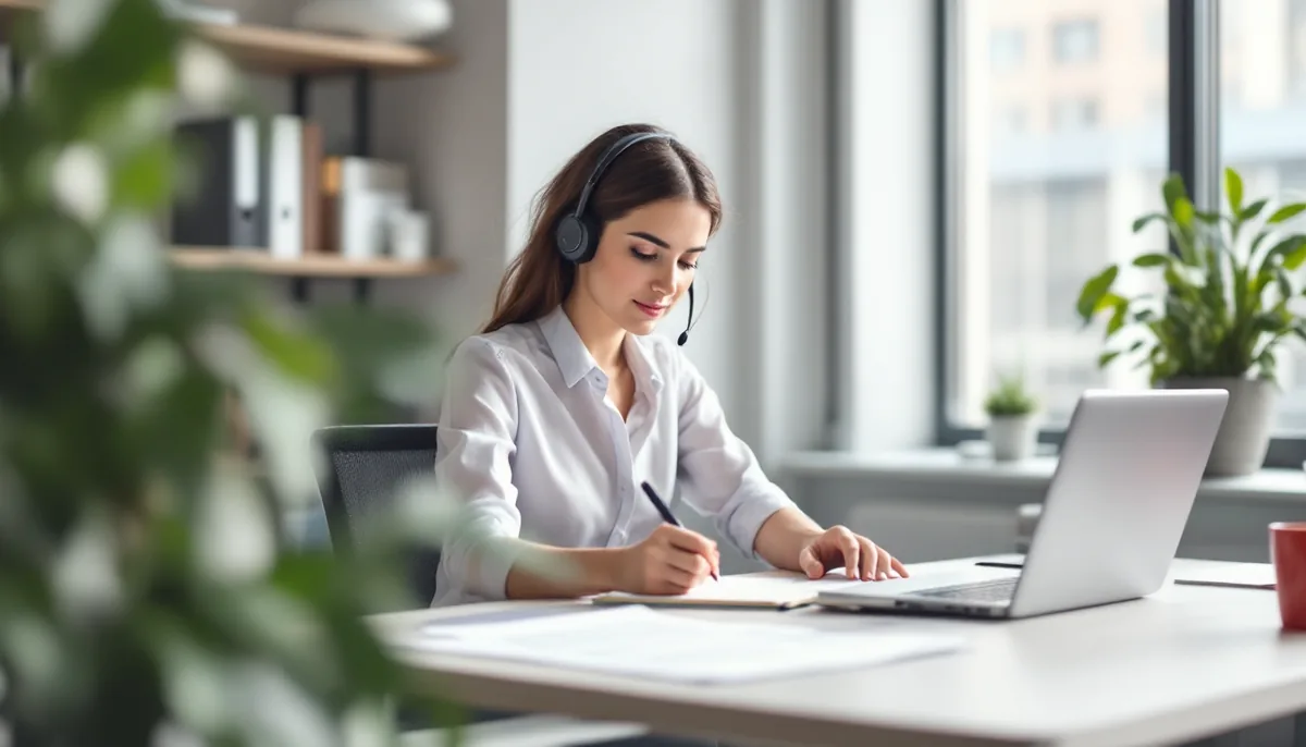 A consultant in a headset writes in a notebook at a bright office desk, with a laptop and a red mug on the desk.