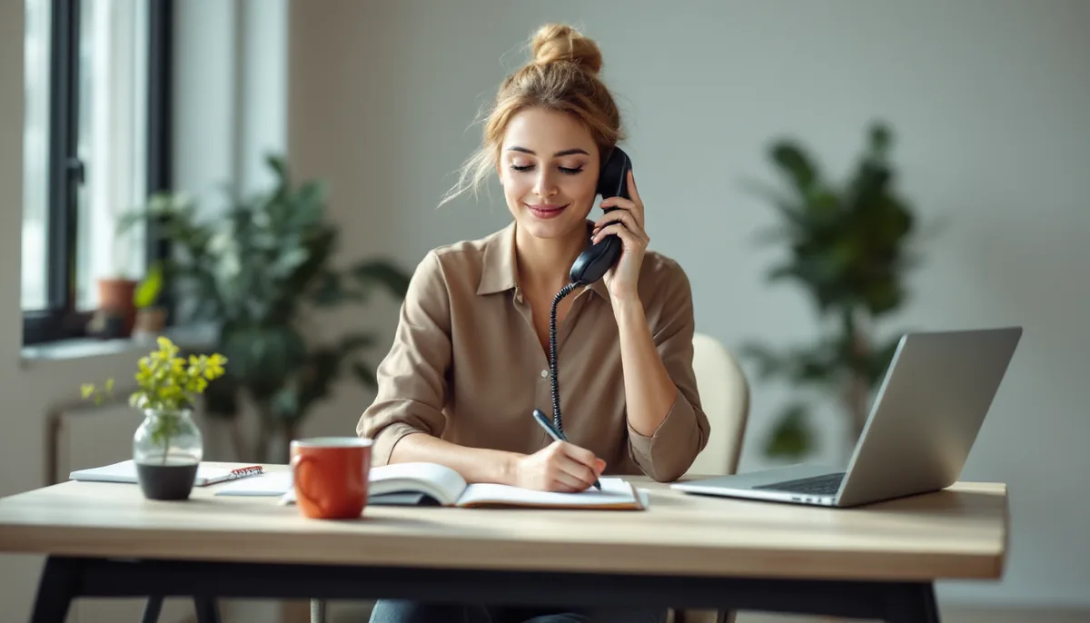 A woman on a desk phone writes in a notebook at a bright office desk, with an open laptop and a red mug beside her.